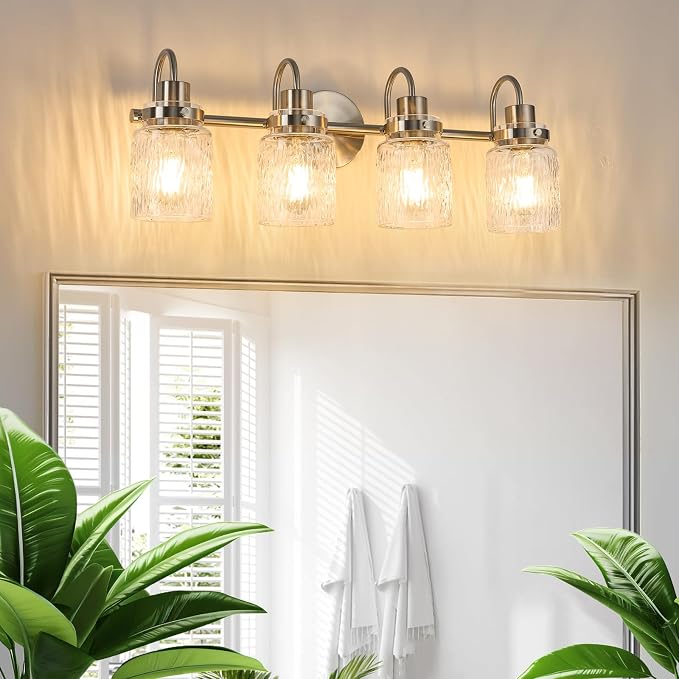 4 Lights Bathroom Vanity Light, Brushed Nickel Bathroom Light Fixtures with Hammered Glass Lampshade for Dressing Table,Over Mirror,Hallway