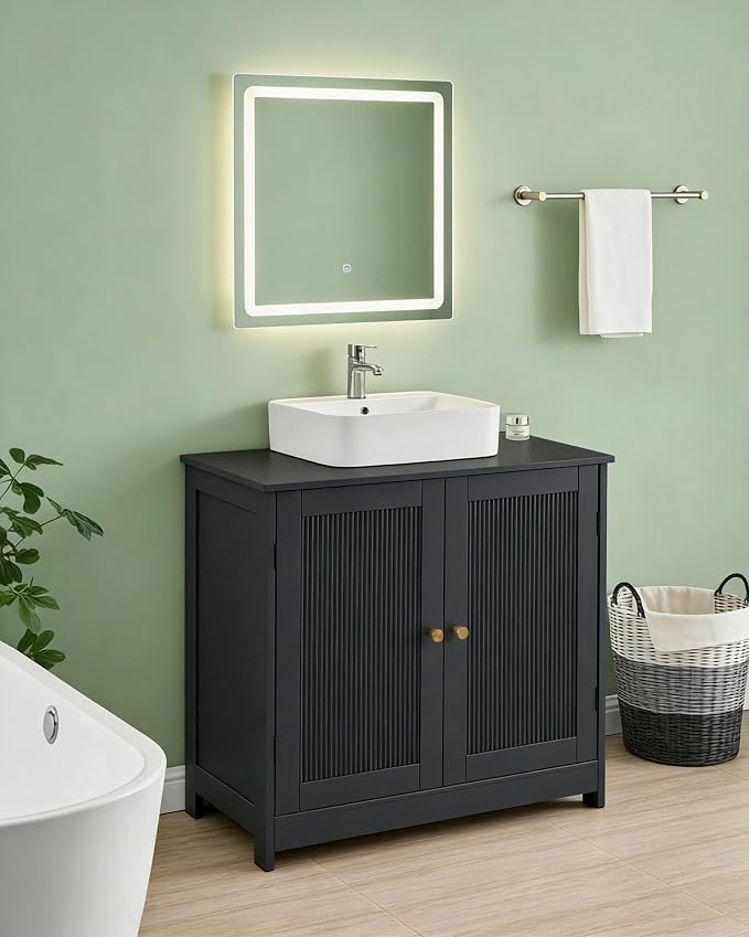 Bathroom Vanity Sink Cabinet, Under Sink Storage Cabinet with 2 Doors, Waterproof Pedestal Sink Cabinet for Bathroom, Laundry Room, Kitchen, Black with Adjustable Shelf