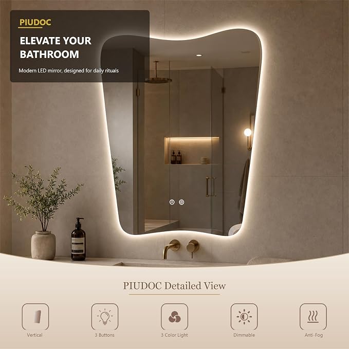 22x30 Inch Backlit Bathroom Mirror, Frameless LED Vanity Mirror with Lights, Dimmable Anti-Fog,Vertical Wall Mount for Bathroom Makeup, 3 Color Changing, Shatterproof, Touch Sensor