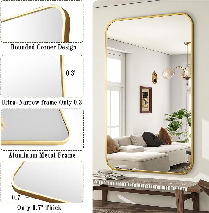 30x48 Inch Gold Bathroom Vanity Mirror for Over Sink | Rectangle Wall Mirror for Bathroom with Round Corner, Hangs Horizontally Vertically for Living Room, Bedroom as Home Decor