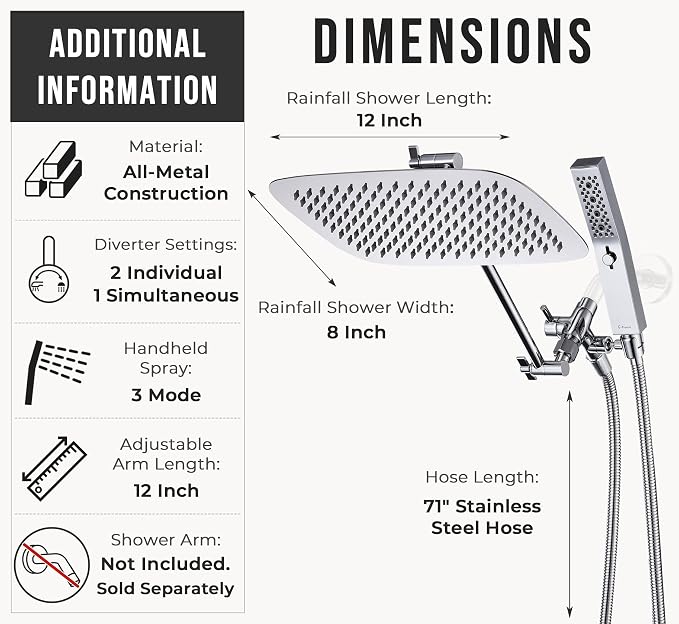 G-Promise All Metal 12" Rain Shower Head with Handheld for Bathroom Upgrade | All Metal, Built to Last, Easy Install, Adjustable Height & Angle for All Heights, Extra Long Hose, Modern Upgrade