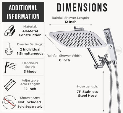 G-Promise All Metal 12" Rain Shower Head with Handheld for Bathroom Upgrade | All Metal, Built to Last, Easy Install, Adjustable Height & Angle for All Heights, Extra Long Hose, Modern Upgrade