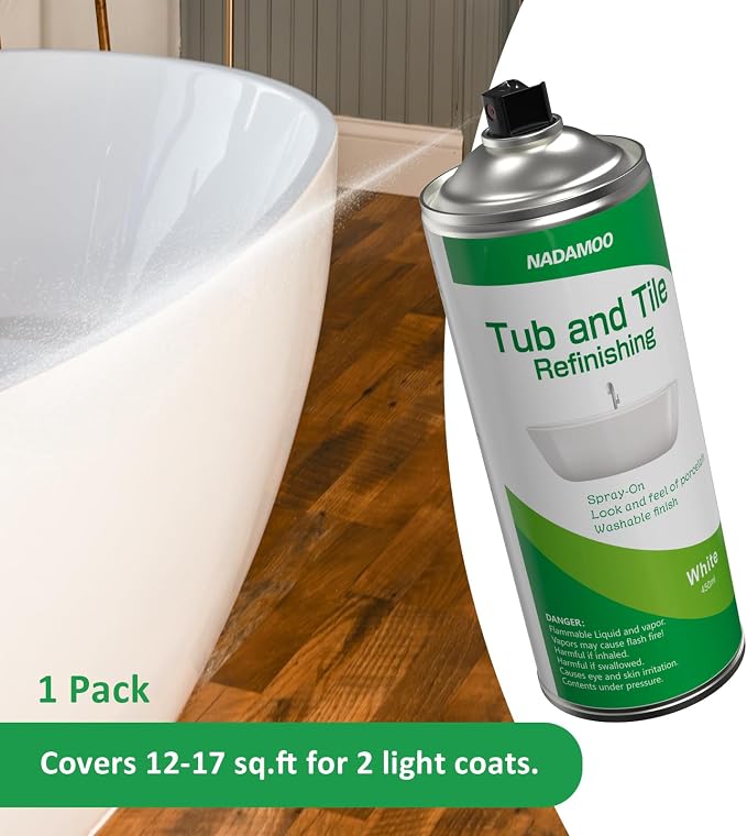 NADAMOO Tub and Tile Spray Paint White, 450ml, 1 Pack, Aerosol Bathtub Refinishing Kit for Porcelain Fiberglass Ceramic, DIY Resurfacing Bathroom Sink Countertop
