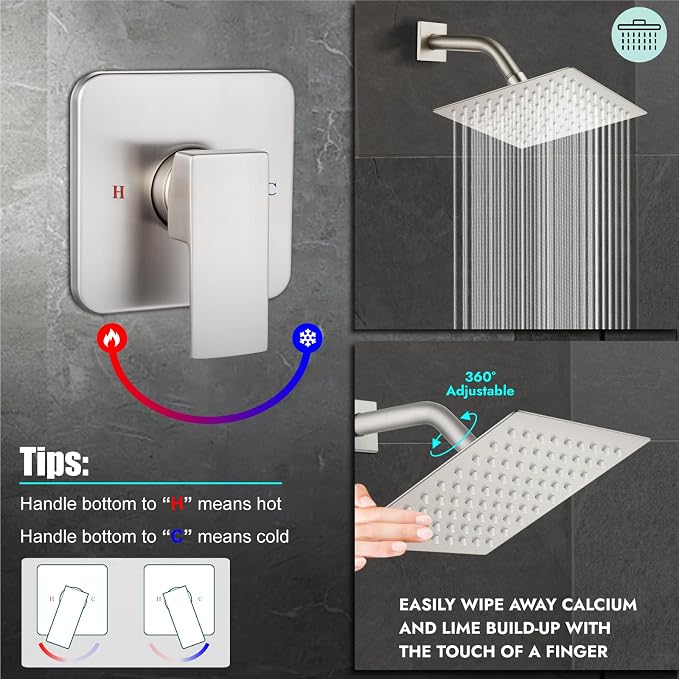Heyalan 8-Inch Square Rain Shower Faucet Set with Valve, Brushed Nickel | SUS304 stainless steel shower head, male NPT 1/2-inch valve, single-handle control, adjustable angle, 1.8 GPM