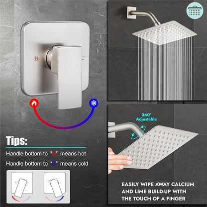 Heyalan 8-Inch Square Rain Shower Faucet Set with Valve, Brushed Nickel | SUS304 stainless steel shower head, male NPT 1/2-inch valve, single-handle control, adjustable angle, 1.8 GPM