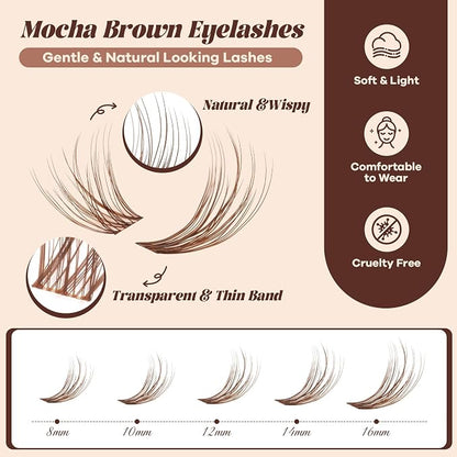 B&Q Brown Lash Clusters Kit Natural Mochalash Clusters 03, Wispy Eyelash Clusters Kit C-Curl Cluster Eyelash Extensions 8-16mm Brown Lash Eyelashes Kit for Fair/Dark Hair(Mochalash 03 Set)