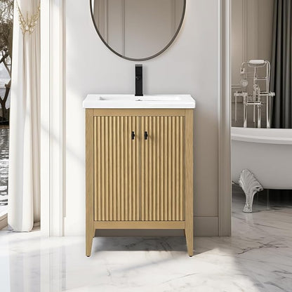 Vanity Art 24 inch Oak Bathroom Vanity with Single Sink & Ceramic Top, Vanity Cabinet with Soft-Closing Door, Solid Wood Frame, Linear Pattern, Natural Oak, VA9124-NO-MB,Matte Black Handles