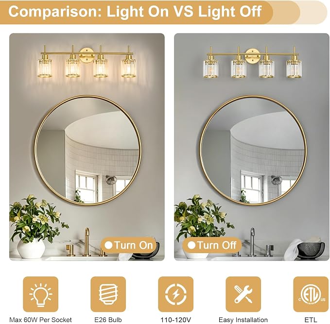 Brushed Gold Bathroom Light Fixtures, Round, 3-Light | Vanity Lights with Crystal Shades, Modern Bathroom Lighting Fixtures over Mirror (Bulbs Not Included, E26)