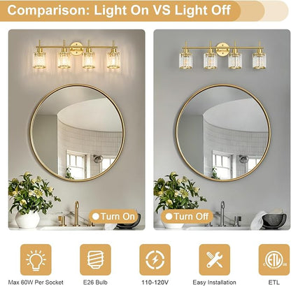 Brushed Gold Bathroom Light Fixtures, Round, 3-Light | Vanity Lights with Crystal Shades, Modern Bathroom Lighting Fixtures over Mirror (Bulbs Not Included, E26)