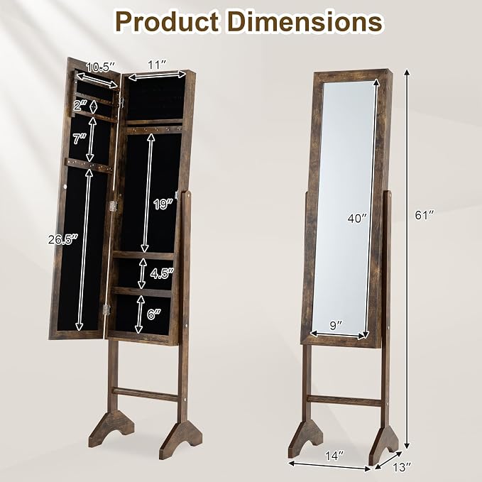 Giantex Jewelry Armoire with Full Length Mirror, Freestanding Jewelry Organizer Cabinet with Ring Slots, Earring Holders, Necklace Hooks & Storage Shelves for Bedroom (Rustic Brown)