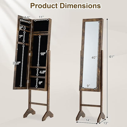 Giantex Jewelry Armoire with Full Length Mirror, Freestanding Jewelry Organizer Cabinet with Ring Slots, Earring Holders, Necklace Hooks & Storage Shelves for Bedroom (Rustic Brown)