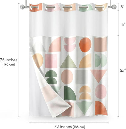 Americanflat 72x75 Hookless Shower Curtain - Water-Resistant Geometric Pastel Shower Curtain with Sheer Panel, Snap-in Liner, and Grommets - 100% Polyester - Peach, Green, Pink, Yellow & White