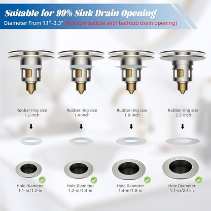 Hibbent 2 Pack All Metal Upgraded Bathroom Sink Stopper, Universal Pop Up Sink Drain Strainer, Brass Bullet Core Push Type Stopper for 1.1''~2.3''' Basin, Anti Clogging Drain Filter, Brushed Nickel