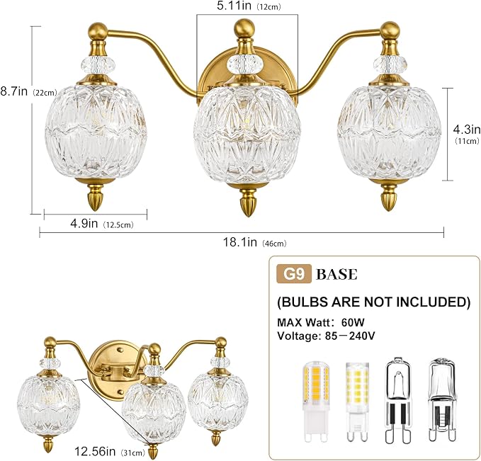 Vintage Bathroom Vanity Light, 3-Light Mid Century Brushed Gold Finish Wall Sconce with Globe Glass Shades, Retro Mirror Light for Bathroom, Powder Room