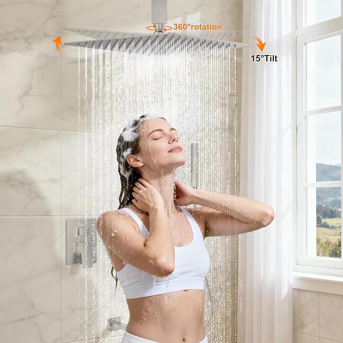 Brushed Nickel Shower System with Tub Spout, Ceiling Mounted Bathtub Shower Faucet Set, 12" Rainfall Shower Head and Handheld Shower Combo, High Pressure Shower Fixtures Set with Rough-in Valve