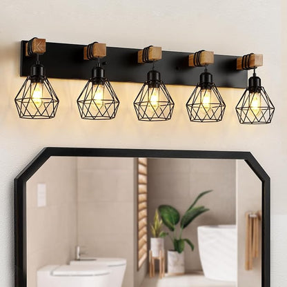 maesta 5 Light Bathroom Vanity Light, Farmhouse Black Fixture Over Mirror | Farmhouse Bathroom Light Fixtures, Wood & Metal, Anti-Rust, Easy to Install for Rustic Bathroom Hallway