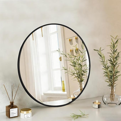 DUMOS 20 Inch Round Wall Mirror, Bathroom Mirror, Black | Metal Frame, Tempered Glass & Anti Rust Metal Frame, Decor for Bathroom Vanity Bedroom Entryway