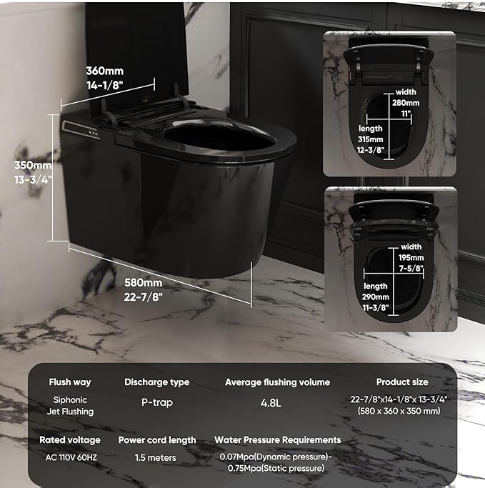 Black Basic Smart Function Wall Hung Toilet Combo, Built-In Water Tank, Heated Seat,Auto Flush,Foot Sensor Flush,Nightlight, with In-Wall Carrier (No Need to buy an Additional Water Tank)