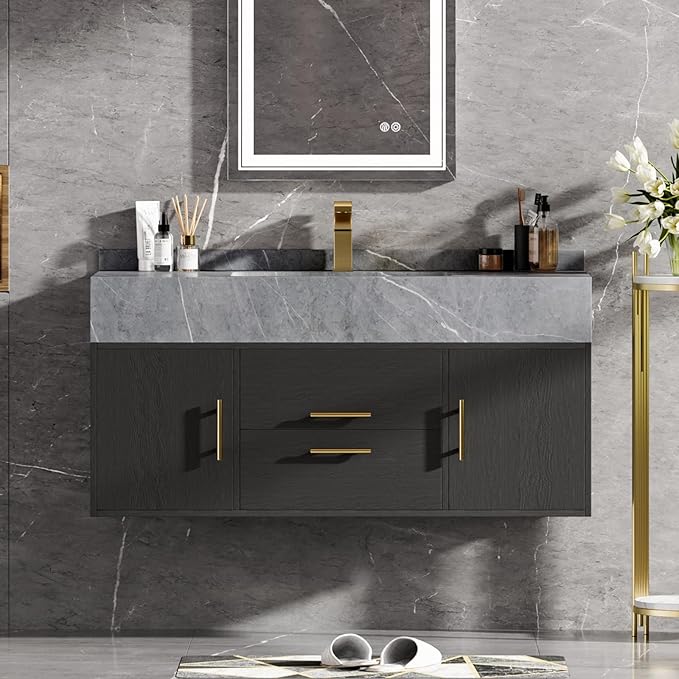 homary 39.4" Floating Bathroom Vanity with Sink, Modern Bathroom Vanity with Sintered Stone Countertop and 2 Drawers 2 Storage Cabinets, Undercounter Ceramic Sink Cabinet, Black