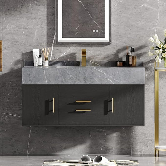 homary 39.4" Floating Bathroom Vanity with Sink, Modern Bathroom Vanity with Sintered Stone Countertop and 2 Drawers 2 Storage Cabinets, Undercounter Ceramic Sink Cabinet, Black
