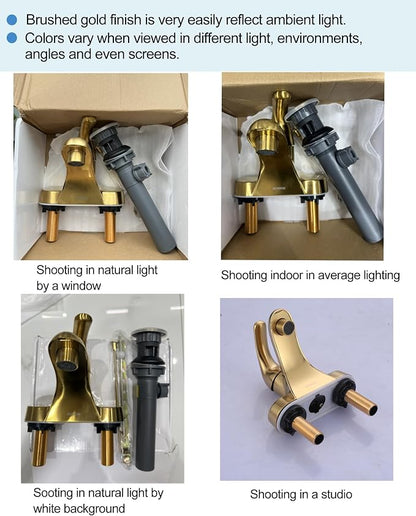 WOWOW 4 Inch Bathroom Faucet Single Handle Faucet for Bathroom Sink Brushed Gold Vanity Tap with Lift Rod Drain Assembly, Rv Lavatory Taps 3 Hole