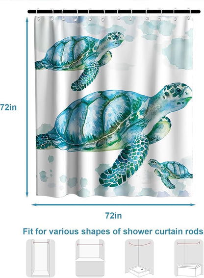 Cute Modern Ocean Shower Curtain, Beach Coastal Nautical Sea Turtle Shower Curtains for Bathroom, Waterproof Bath Curtain with Hooks Machine Washable Bathtub Curtains 72x72 Inch Blue Green