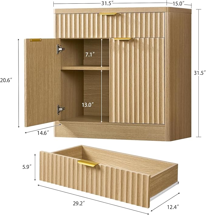 31.5" W Storage Cabinet with Drawer and Adjustable Shelf, Coffee Bar Cabinet, Fluted Sideboard Buffet Cabinet with 2 Doors for Living Room, Kitchen, Entryway, Natural