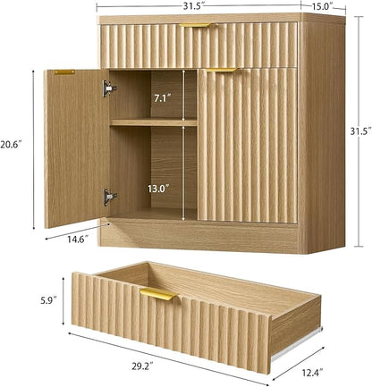 31.5" W Storage Cabinet with Drawer and Adjustable Shelf, Coffee Bar Cabinet, Fluted Sideboard Buffet Cabinet with 2 Doors for Living Room, Kitchen, Entryway, Natural