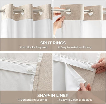 River Dream Linen Textured No Hooks Shower Curtain with Liner,Linen,71x77 | Mesh Top Window,with Snap-in Liner,Heavy Duty Fabric,Quick Dry,Bottom Magnets,Water-Repellent,Washable,Farmhouse Bathroom Set