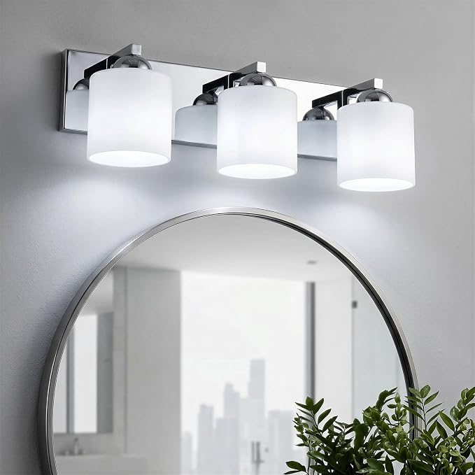 mirrea 3-Light Chromed Bathroom Vanity Light with White Glass Shades | Over Mirror,Wall Sconce,ETL listed,Bathroom Lighting Fixtures,Elegant Design,Milk White Glass Shade,Easy Installation