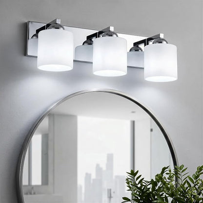 mirrea 3-Light Chromed Bathroom Vanity Light with White Glass Shades | Over Mirror,Wall Sconce,ETL listed,Bathroom Lighting Fixtures,Elegant Design,Milk White Glass Shade,Easy Installation
