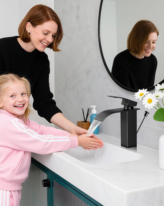 Black Waterfall Bathroom Faucet Single Handle with Lift Rod Drain | Bathroom Sink Faucet,Stainless Steel,supply hoses Deck included,1 or 3 Hole,Fits home,RV,farmhouse bathrooms