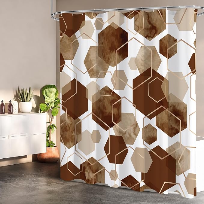 Litabel Long Shower Curtain for Bathroom, Geometric Bathroom Decor 72x78 | Long Modern Minimalist Shower Curtais, Brown Geometric Art Print Abstract Waterproof Bath Curtain