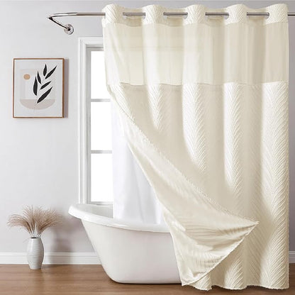 eachope no Hook Shower Curtain and Liner Set，Boho Style with See Through Top Window, Cream Fabric Tufted Striped Textured Outer Curtain & Waterproof Inner Liner, Beige/Cream, 71Wx98H