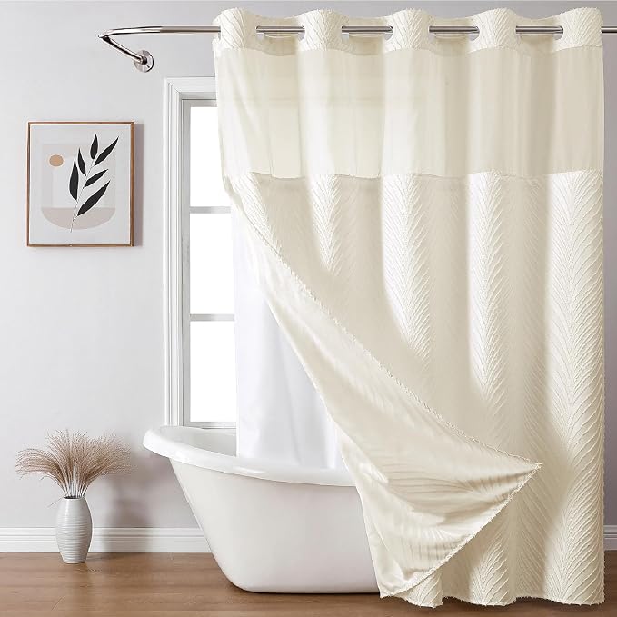 eachope no Hook Shower Curtain and Liner Set，Boho Style with See Through Top Window, Cream Fabric Tufted Striped Textured Outer Curtain & Waterproof Inner Liner, Beige/Cream, 71Wx86H