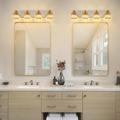 Crystal Bathroom Vanity Light Gold Chrome 4-Light Modern Chrome Vanity Light for Bathroom Square Wall Sconce