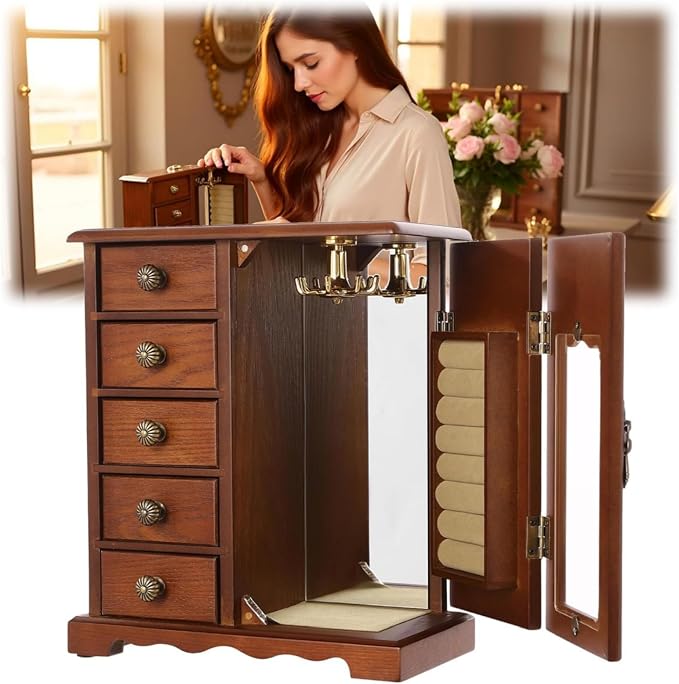 Vintage Wood Jewelry Box with 5 Drawers, Desktop Jewelry Organizer with Glass Door & Mirror, Necklace Ring Storage Display Case Built-in Necklace Carousel, Brown (Dark Brown, 5 Drawers)
