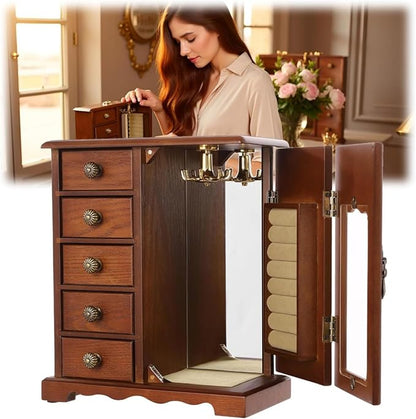 Vintage Wood Jewelry Box with 5 Drawers, Desktop Jewelry Organizer with Glass Door & Mirror, Necklace Ring Storage Display Case Built-in Necklace Carousel, Brown (Dark Brown, 5 Drawers)
