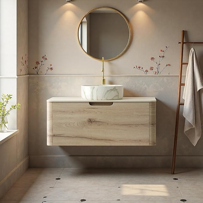 Bathroom Vanity with Sink, 36" Wall-Mounted Bathroom Storage Cabinet with Round Ceramic Basin & Soft-Close Undermount Drawer, Modern Pre-assembled Floating Vanity with Curved Design, White Oak