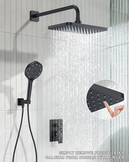 Matte Black 11-Inch Rainfall Shower System – Premium Filtered Handheld Sprayer & Fixed Shower Head, Complete Bathroom Set Faucet Mixer Trim & Valve