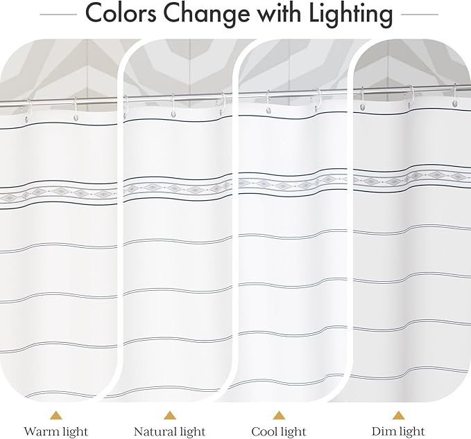 AmazerBath Boho Shower Curtain Set, Rustic Faux Linen Navy Blue Striped Shower Curtain with Hooks, Modern Farmhouse Shower Curtain with Tassels, White Base Toned, 72x72 Inches