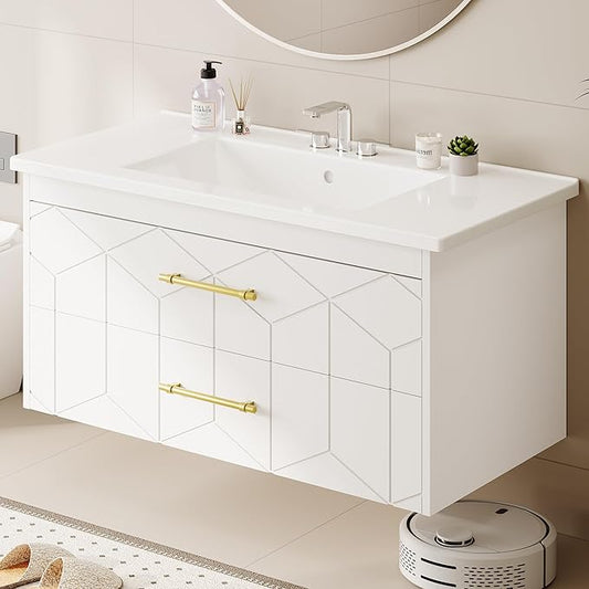 IDEALHOUSE Floating Bathroom Vanity with Sink 36 inch, Modern Bathroom Sink Cabinet, Ceramic Vanity Top, 2 Large Storage Drawers with Gold Metal Handle, Easy to Assembly, White