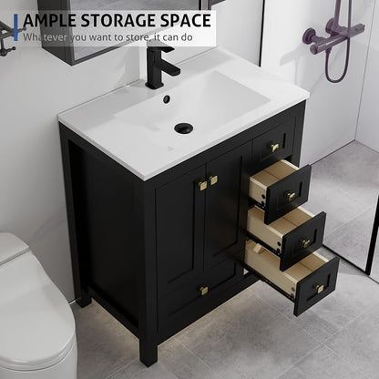 LUCKWIND 30" Bathroom Vanity and Sink Combos, Modern Bathroom Storage Painted Cabinet with Undercounter Resin Single Sink Top, Matte Black Faucet and 5 Drawers, Mirror Not Included, Black
