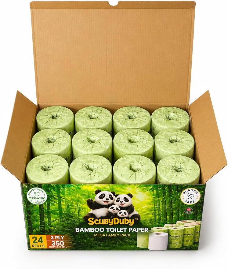 Premium & Soft Bamboo Toilet Paper | PFAS Free | 24 Mega Rolls, 3 ply & 350 Sheets | Non Toxic, Septic Safe, BPA Free | Tree Free Toilet Tissue | Plastic Free Packaging