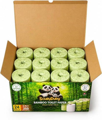 Premium & Soft Bamboo Toilet Paper | PFAS Free | 24 Mega Rolls, 3 ply & 350 Sheets | Non Toxic, Septic Safe, BPA Free | Tree Free Toilet Tissue | Plastic Free Packaging