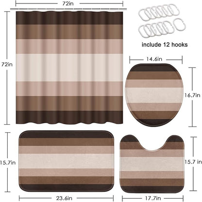 Bathroom Sets with Shower Curtain and Rugs, 4 Pcs, Abstract Ombre | Striped Modern Lines Bathroom Decor Set with Toilet Lid Cover, Non-Slip Bath Mats and Accessories 12 Hooks