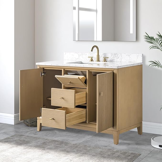 Vanity Art 48" Bathroom Vanity with Single Sink & Arabescato White Engineered Stone Top, Vanity Cabinet with Soft Closing Door, Solid Wood Frame, Golden Brushed Handles, Natural Oak VA8148-NO-GB