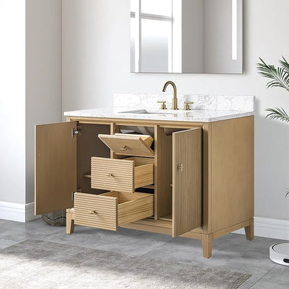 Vanity Art 48" Bathroom Vanity with Single Sink & Arabescato White Engineered Stone Top, Vanity Cabinet with Soft Closing Door, Solid Wood Frame, Golden Brushed Handles, Natural Oak VA8148-NO-GB