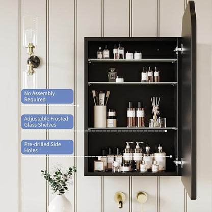 AGDULL Recessed Medicine Cabinet with Arched Mirror, Overall 17.5"x29" | Bathroom Wood Black Wall Cabinet with Mirror, Soft-Closed Hinges, Fully Assembled, Surface Mount Option, Right-Swing Door