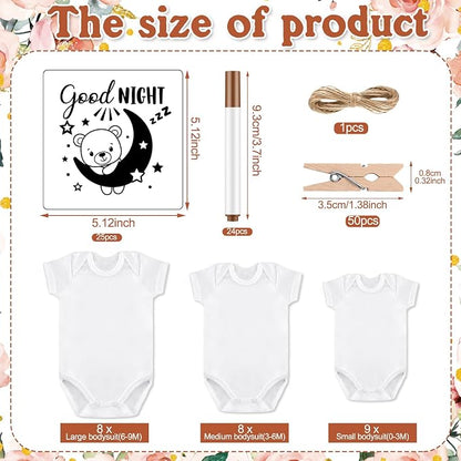 Panitay 126 Pcs Baby Shower DIY Bodysuit Set Bib 25 Blank White Newborn Bodysuit 25 Stencils 24 Marker 1 Sign 50 Pins(Floral)